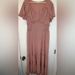 Max Studio Smocked Boho Maxi Dress Rust Geometric Floral XL